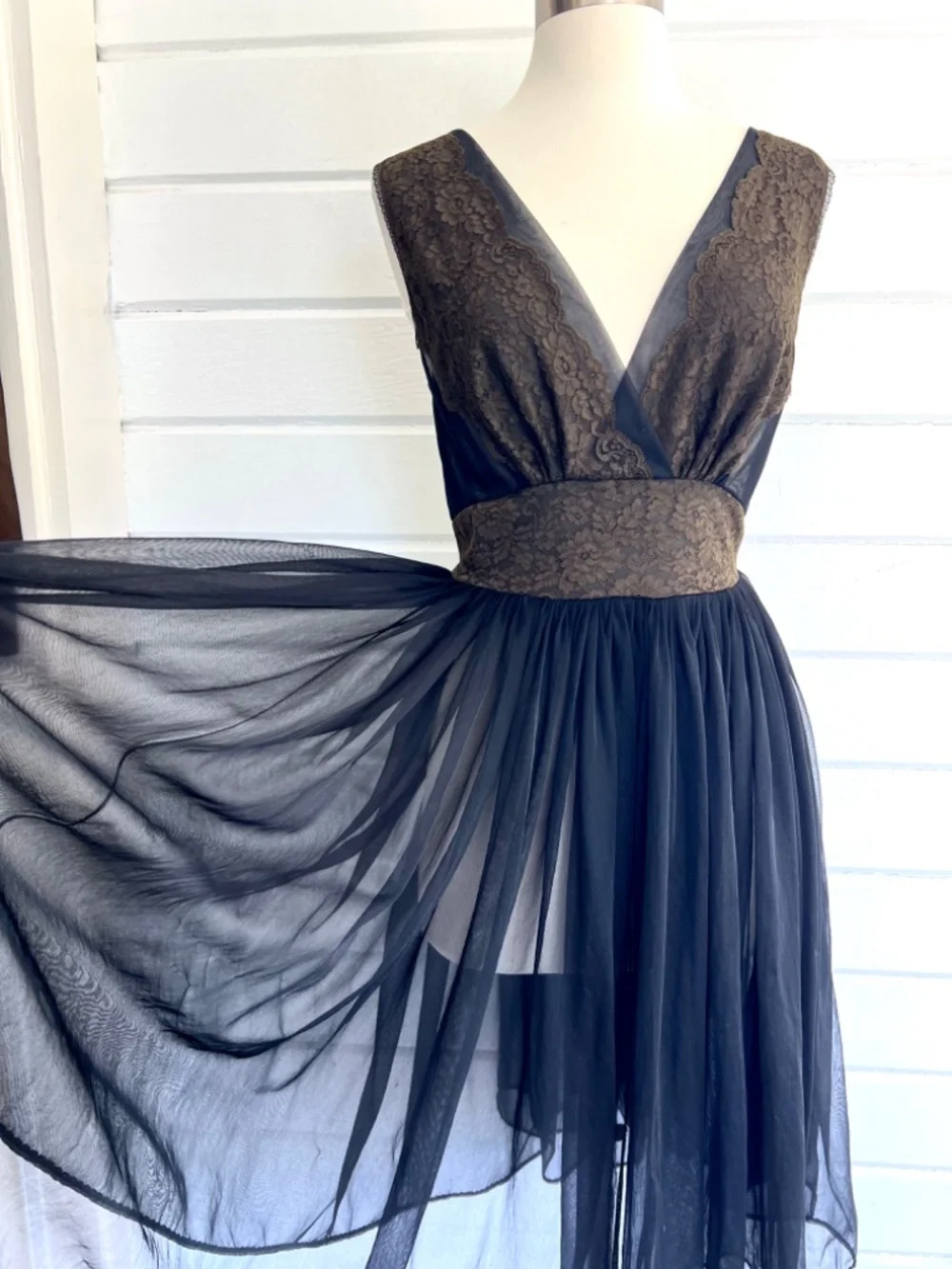 Vintage Sheer Negligee/ Dress with Lace Accent and Tie Waist - Black/Brown - S